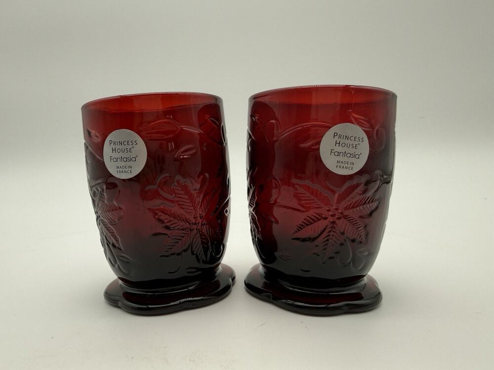 2 Princess House Fantasia Ruby Red Glass Votive Candle Holders Poinsettia France